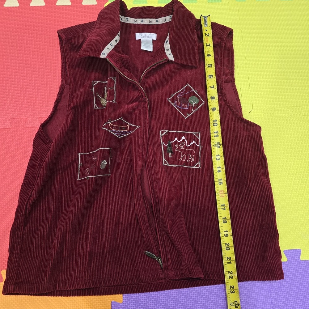 VTG Christopher & Banks Corduroy Embroidered Vest Large Burgundy Cabin‎ Woods L